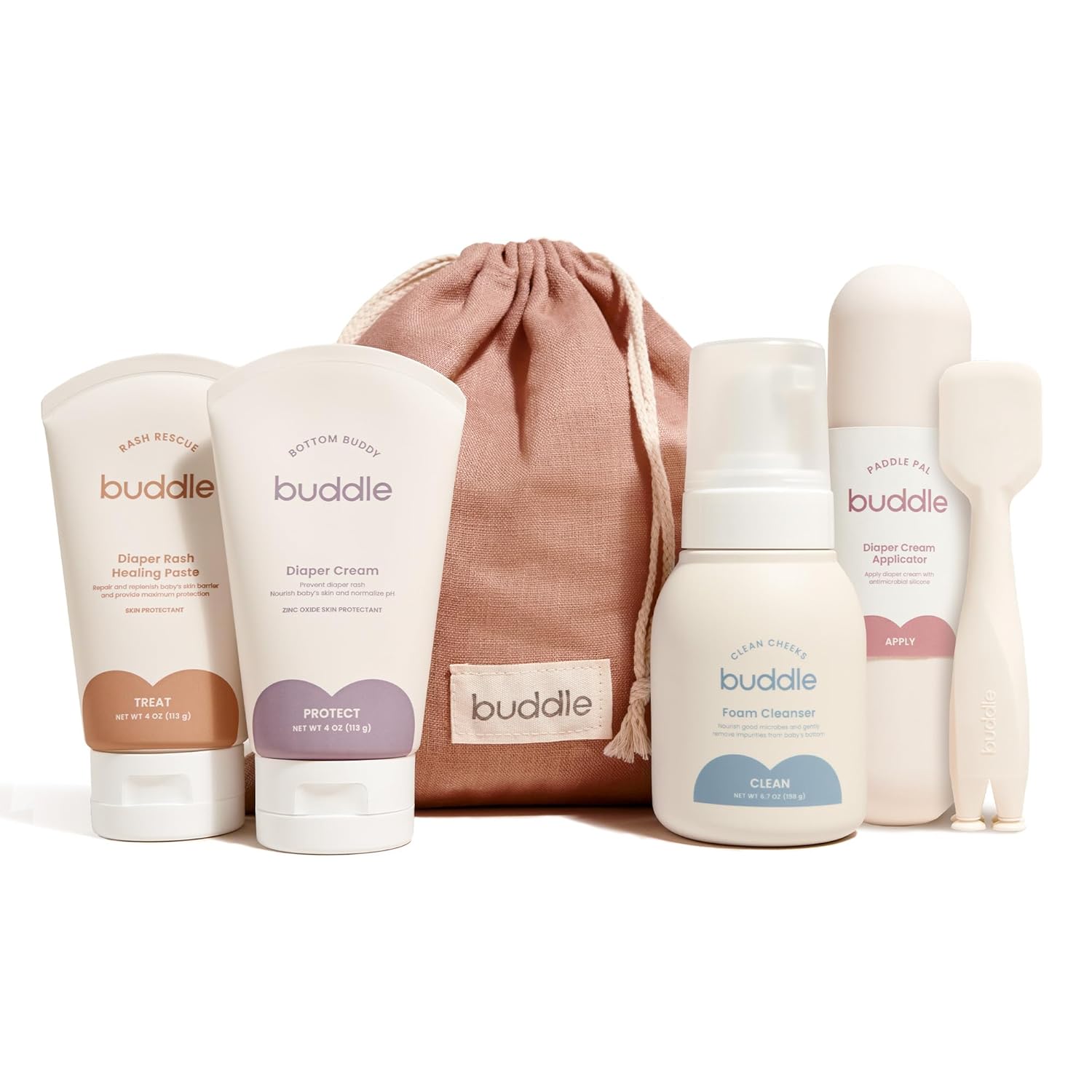 Buddle Diaper Rash System Essentials Kit - Includes Diaper Rash Rescue Paste, Bottom Buddy Diaper Cream, Clean Cheeks Foam Cleanser & Paddle Pal Diaper Cream Applicator - Baby Shower Gift Set