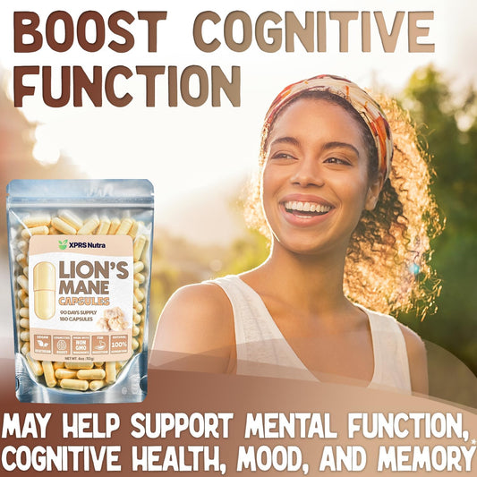 Xprs Nutra Organic Lions Mane Supplement Capsules - 180 Count (90 Day Supply) Of Premium Lion'S Mane Mushroom Capsules For Mental Clarity, Cognition And Immunity Lions Mane Powder Capsules