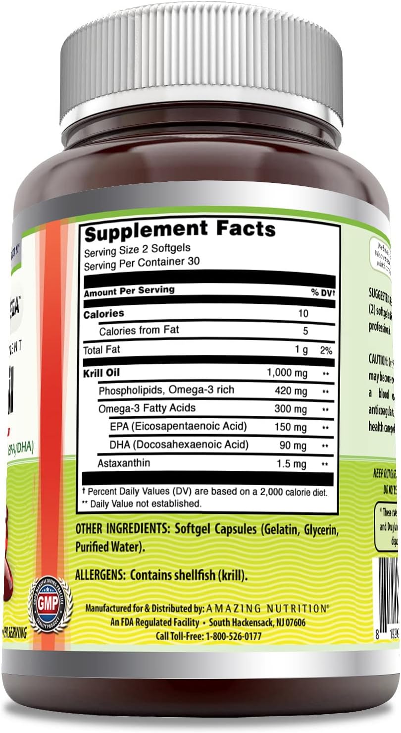 Amazing Omega Krill Oil with Omega 3s EPA, DHA, Phospholipids and Astaxanthin 1000mg per Serving 60 softgels Supplement | Non-GMO | Gluten Free