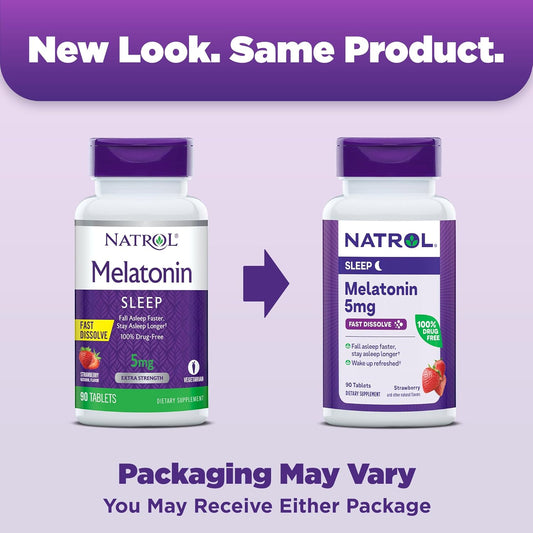 Natrol Fast Dissolve Melatonin 5 Mg, Melatonin Supplements For Restful Sleep, Sleep Support For Adults, 90 Strawberry-Flavored Tablets, Up To A 90 Day Supply