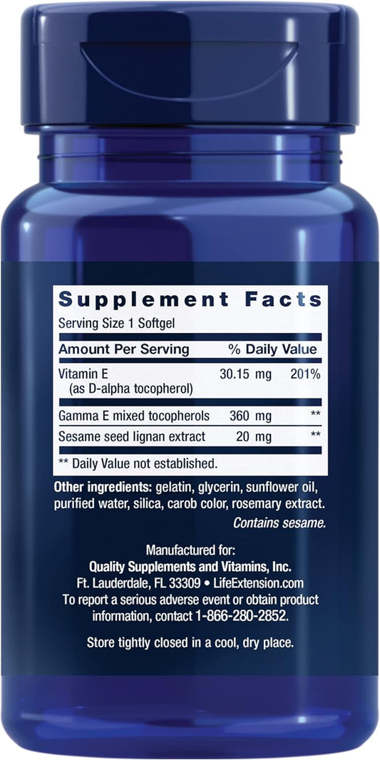 Life Extension Gamma E Mixed Tocopherols — Complete D-Alpha Vitamin E Supplement For Heart Health And Skin Care - Gluten-Free, Non-Gmo - 60 Softgels