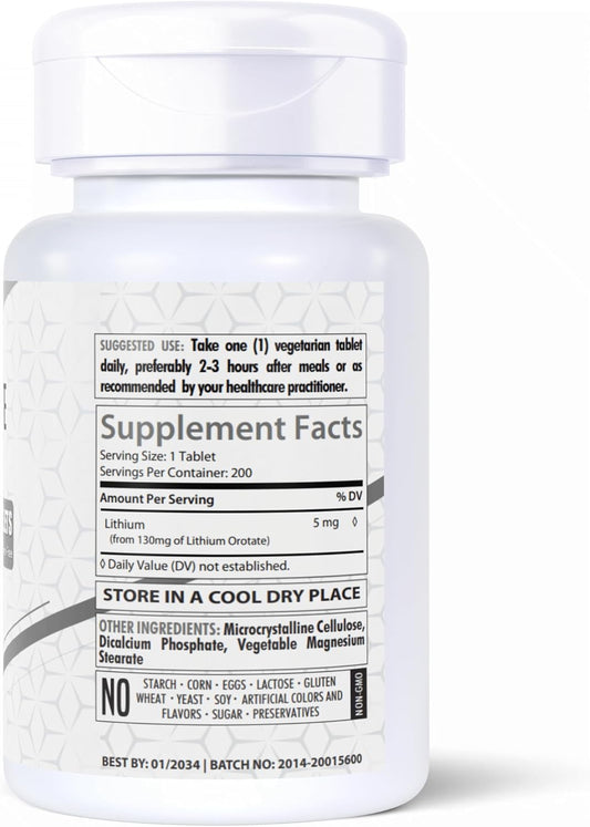 Lithium Orotate 130Mg | 200 Tablets | High Bioavailability | Gluten-Free | Non-Gmo