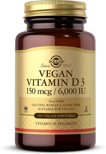 Solgar Vegan Vitamin D3 (Cholecalciferol) 150 Mcg (6,000 Iu) - 100 Softgels - Immune Support, Helps Maintain Healthy Bones & Teeth - Non-Gmo, Certified Vegan, Gluten & Dairy Free - 100 Servings