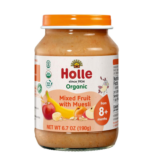 Holle Organic Baby Food Jars - Mixed Fruit Muesli Baby Puree with Organic Apple, Apricot, Banana & Grains - (6 Jars) Stage 2 Baby Food for 8 months and Older - Baby Snack or Balanced Meal