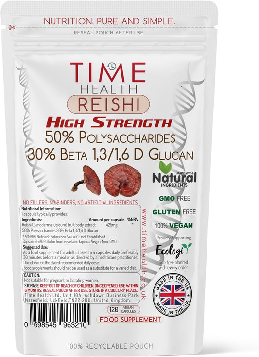 Reishi (Ganoderma lucidum) - High Strength 50% Polysaccharides / 30% Beta 1,3/1,6 D Glucan - Dual Extracted - UK Manufactured - Zero Additives - Pullulan (120 Capsule Pouch) : Amazon.co.uk: Pet Supplies