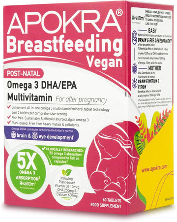 Breastfeeding Vitamins | Vegan | High In Calcium & Vegan Omega 3 | 21 Nutrients | Postnatal | Lactation Supplement | Postpartum Essentials | Highly Absorbed Omega 3 | 60 Tab | Apokra