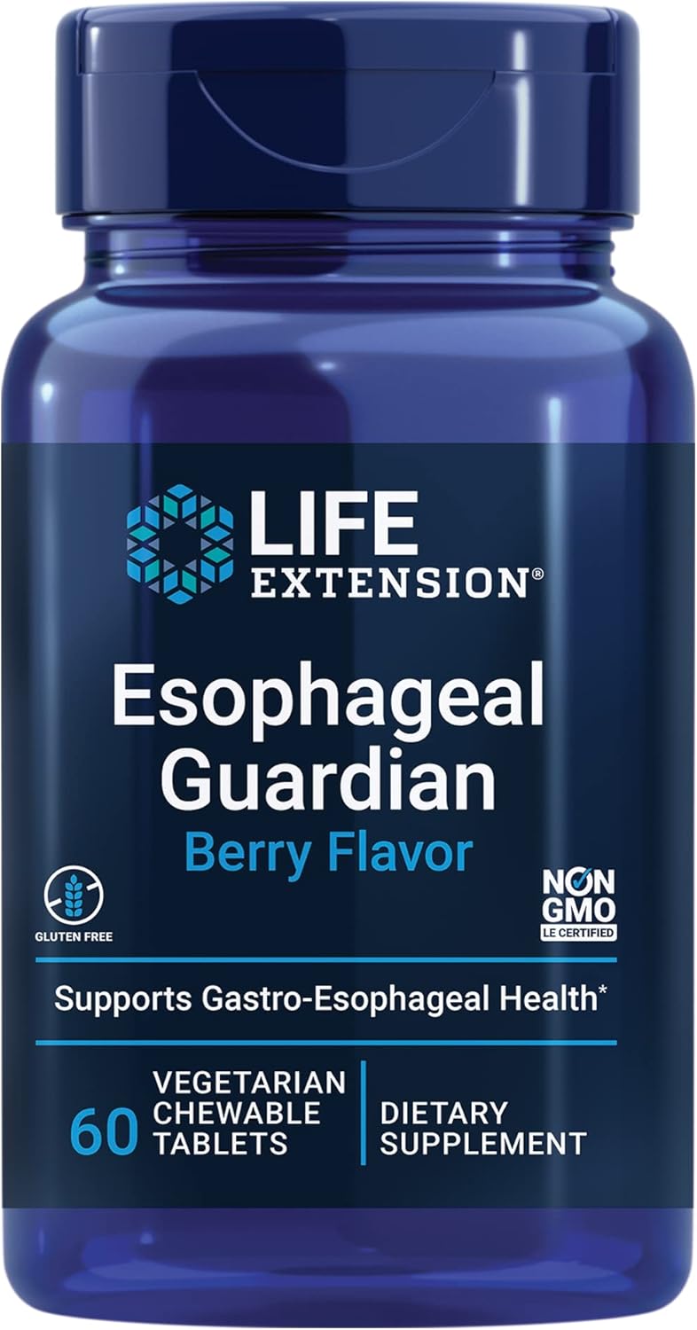 Life Extension Esophageal Guardian, Alginic Acid, Potassium Bicarbonate, Get Long-Lasting Relief From Gastric Distress, Vegetarian, Non-Gmo, Gluten-Free, 60 Vegetarian Chewable Tablets