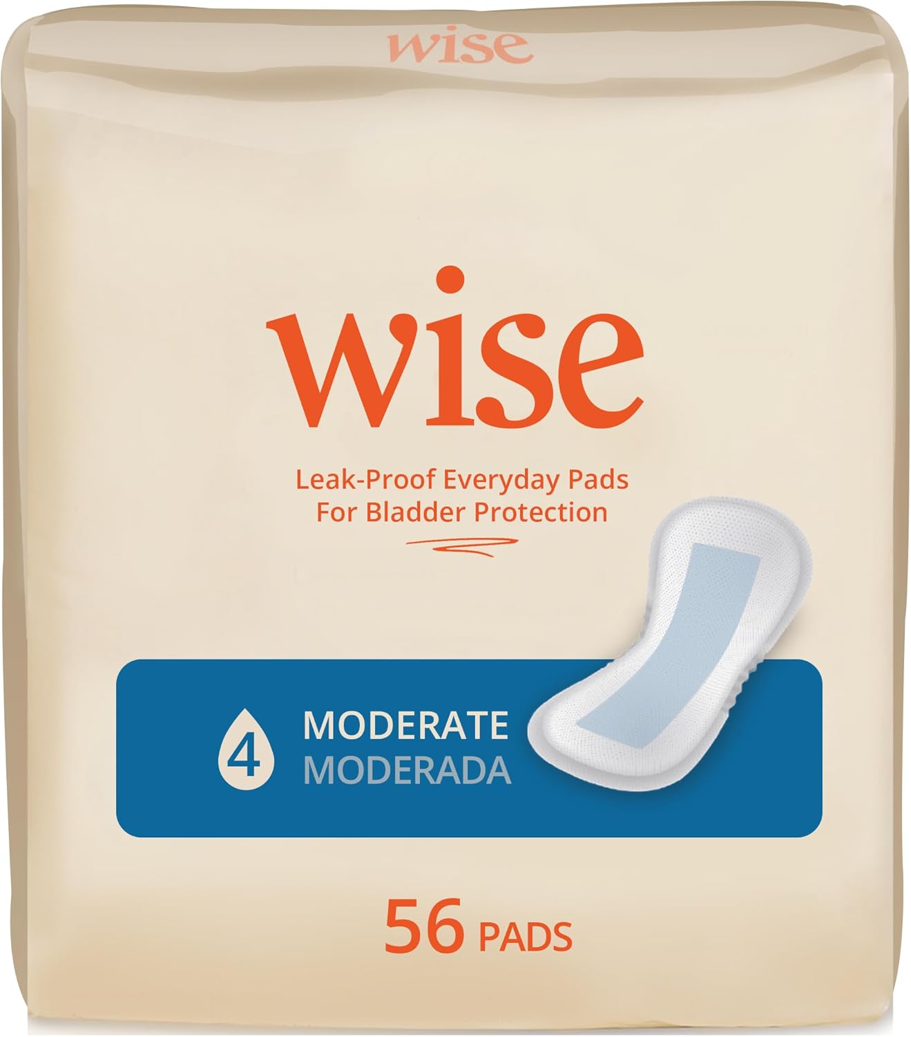 Wise Incontinence Pads For Women Moderate Absorbency, Bladder Leakage & Odor Control Liner Pad, Regular Length, 56 Counts (2 Pack Of 28)