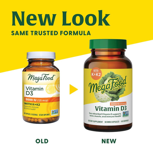 MegaFood Vitamin D3 5000 IU (125 mcg) - Vegetarian Vitamin D Supplements with Vitamin D3 K2, Supports Bones, Teeth, Muscles & Immune Health, Certified Non-GMO - 120 Mini Capsules, 120 Servings