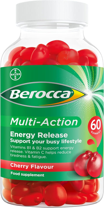 Berocca Multi-Action Multivitamin Gummies - Including Vitamin D, C, A, B-Complex (B1, B2, B3, B6, B7 & B12), E - Supplement For Women, Men And Kids - 60 Gummies - Cherry Flavour