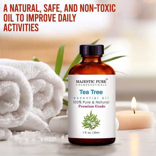Majestic Pure Tea Tree Essential Oil - Pure, Natural and Premium Grade - Tea Tree Oil for Skin, Face, Hair, Nails, Acne, Scalp, Massage, Aromatherapy, Diffuser, Topical & Household Uses - 1 fl oz