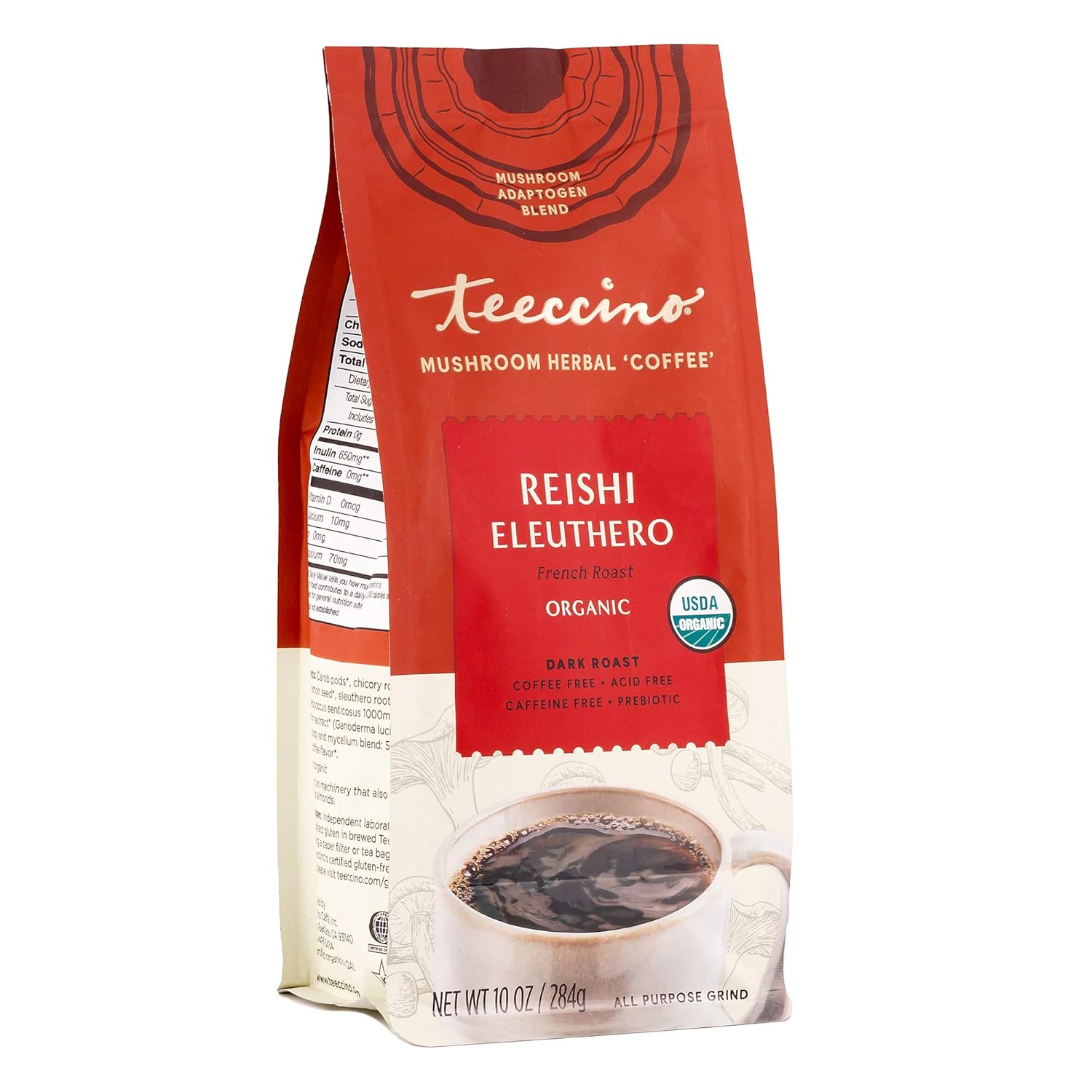 Teeccino Reishi Eleuthero Coffee Alternative - French Roast - Organic Adaptogenic Herbal Mushroom Coffee, Dark Roast, Caffeine Free, Prebiotic, Acid Free, All-Purpose Grind - 10 Oz