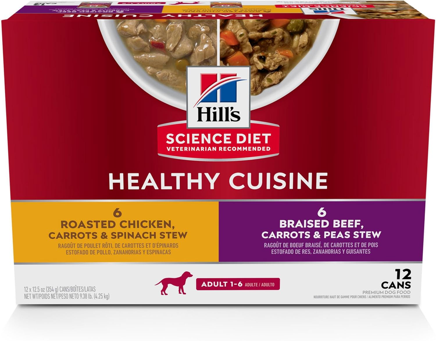 Hill'S Science Diet Healthy Cuisine, Adult 1-6, Great Taste, Wet Dog Food, Variety Case: Roasted Chicken, Carrots & Spinach; Braised Beef , Carrots & Peas Stew, 12.5 Oz Can Variety Case, Case Of 12