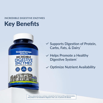 Stonehenge Health Incredible Digestive Enzymes - 18 Plant-Based Enzymes - Lipase, Lactase, Protease, Amylase, Bromelain For Gas, Bloating, Fatigue (3 Pack)
