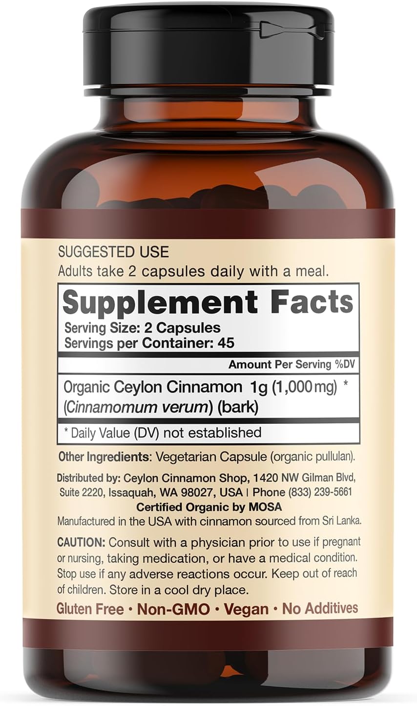 Ceylon Cinnamon Shop Organic Ceylon Cinnamon (100% Certified) Supplement, 90 Capsules : Health & Household