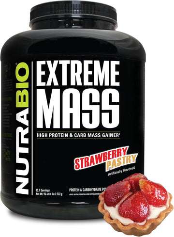 Nutrabio Extreme Mass Gainer Protein Powder, 53G Protein, Clean Weight Gainer, Increase Muscle Mass, Full Spectrum Amino Acid - Strawberry Pastry, 6 Pound