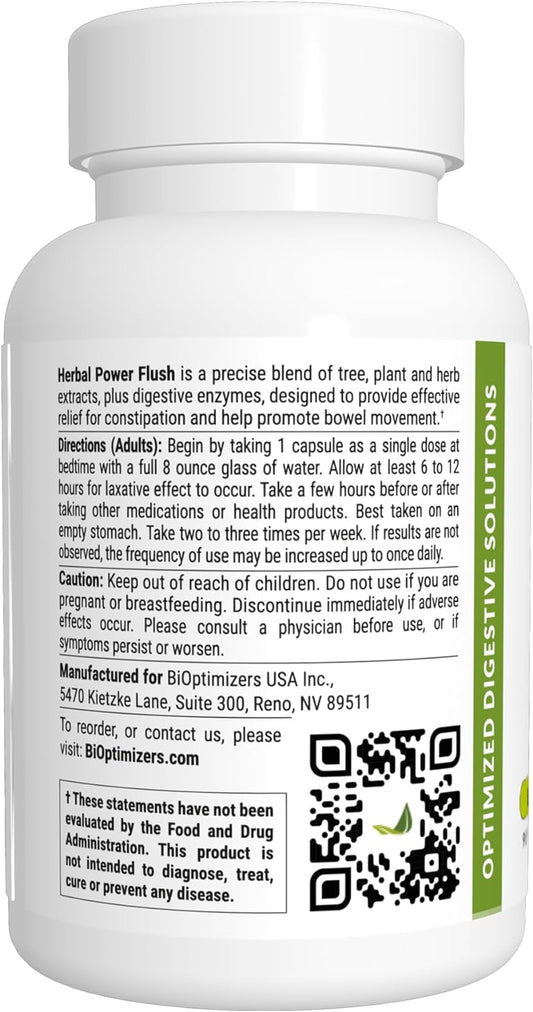 BiOptimizers Herbal Power Flush - Extra Strength Digestive Cleanse - Eliminate Toxins Improve Bowel Digestion - Bloating Discomfort Relief for Adults - 90 Capsules