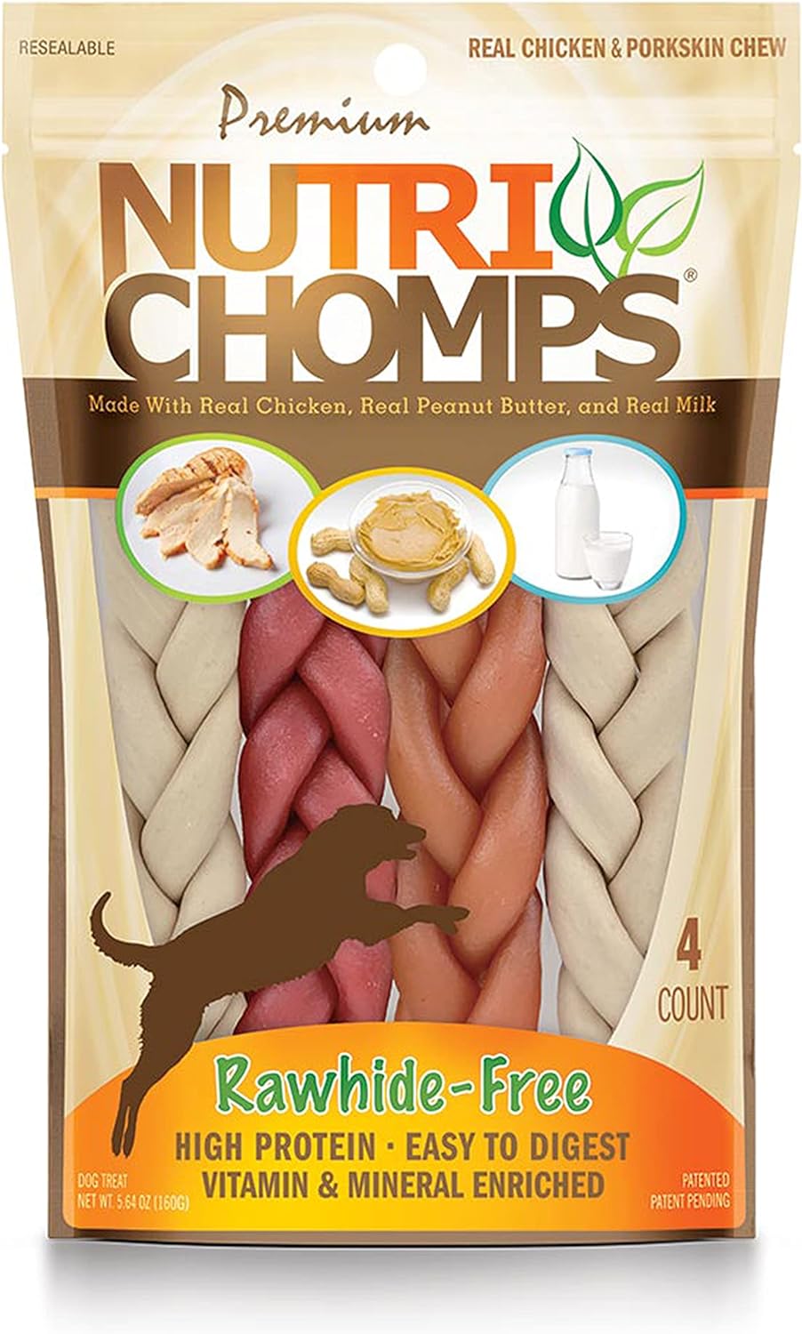 Nutrichomps Dog Chews, 6-Inch Braids, Easy To Digest, Rawhide-Free Dog Treats, Healthy, Real Chicken, Peanut Butter And Milk Flavors, Pack Of 4
