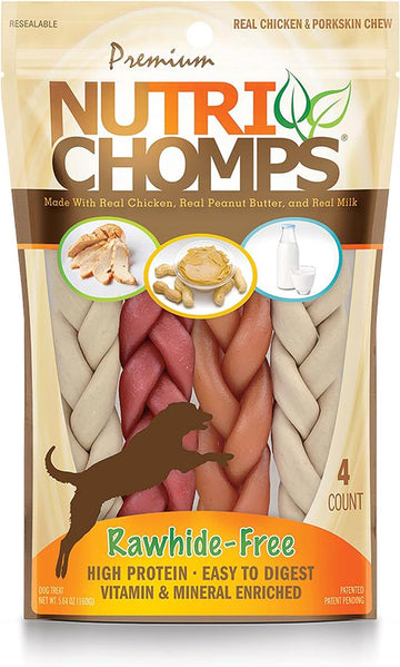 Nutrichomps Dog Chews, 6-Inch Braids, Easy To Digest, Rawhide-Free Dog Treats, Healthy, Real Chicken, Peanut Butter And Milk Flavors, Pack Of 4