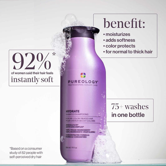 Pureology Hydrate Moisturizing Shampoo | Softens And Deeply Hydrates Dry Hair | For Medium To Thick Color Treated Hair | Sulfate-Free | Vegan