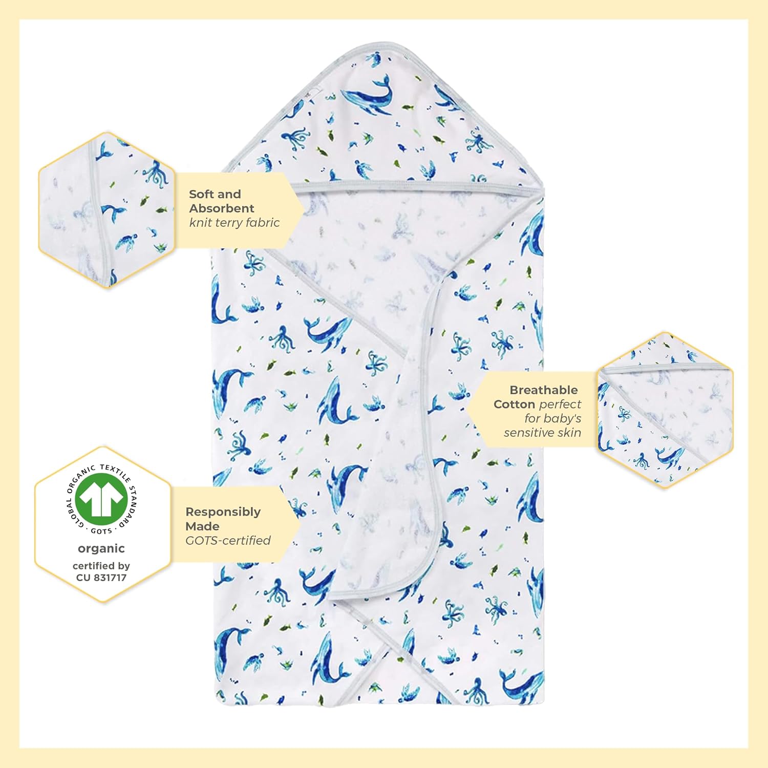 Burts Bees Baby Infant Hooded Towels Whale of a Tale Organic Cotton, Unisex Bath Essentials and Newborn Necessities, Soft Nursery Towel with Hood Set, 2-Pack Size 29 x 29 Inch : Baby