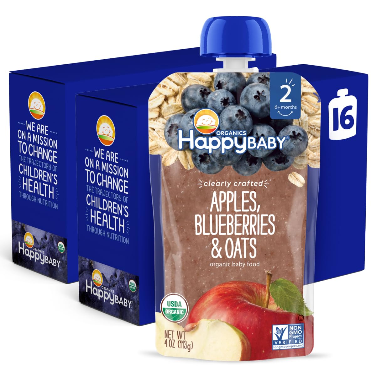 Happy Baby Organics Stage 2 Baby Food Pouches, Gluten Free, Vegan & Healthy Snack, Clearly Crafted Oat & Fruit Puree, Apples, Blueberries & Oats, 4 Ounces (Pack Of 16)