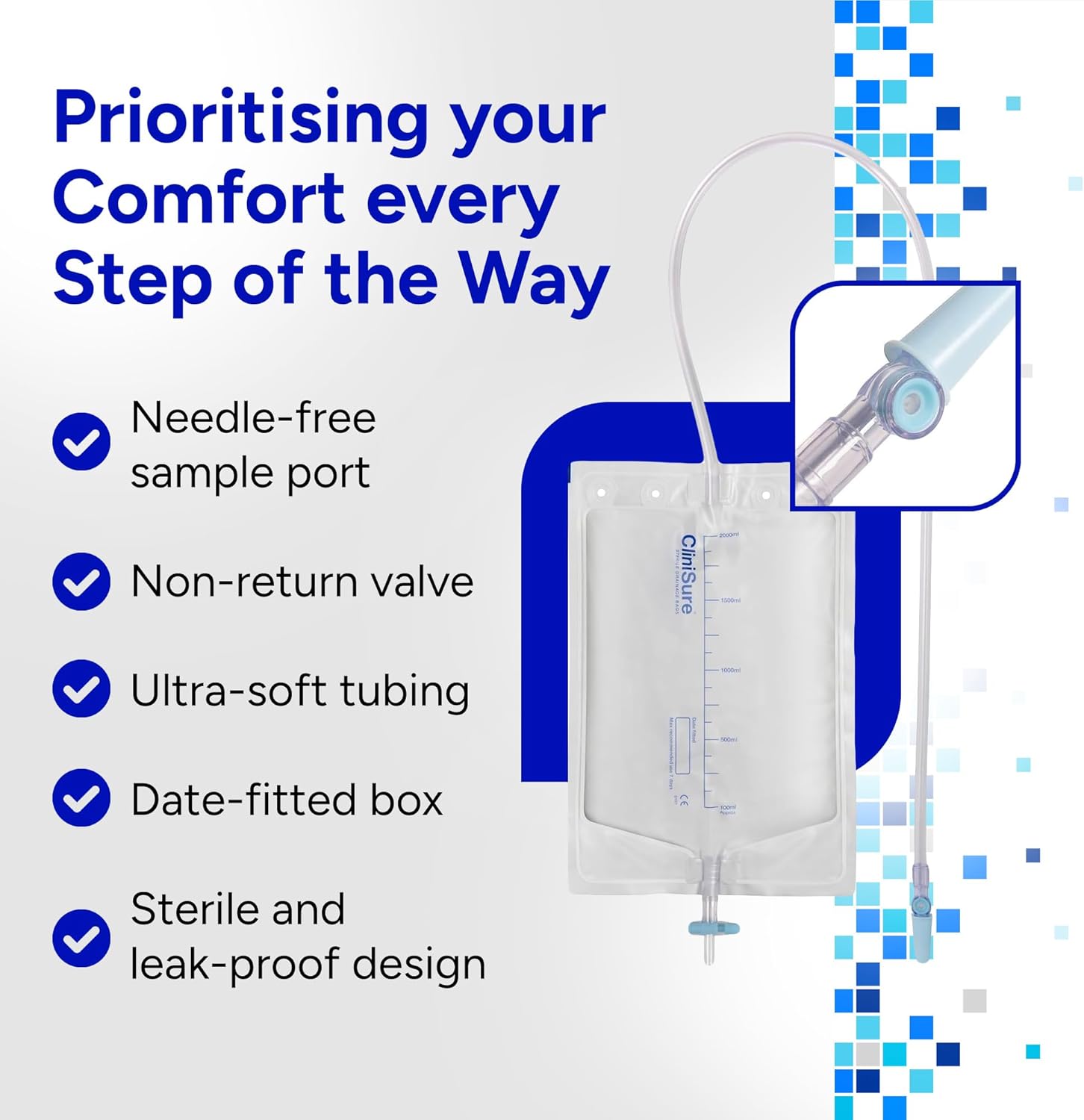 Clinisure 2L Sterile Night Urine Drainage Bags (10 Pack) - Secure Universal Ridged Connector, Leak-Free Non-Return Valve-Compatible With Indwelling & Intermittent Catheters, Soft Tubing With Lever Tap