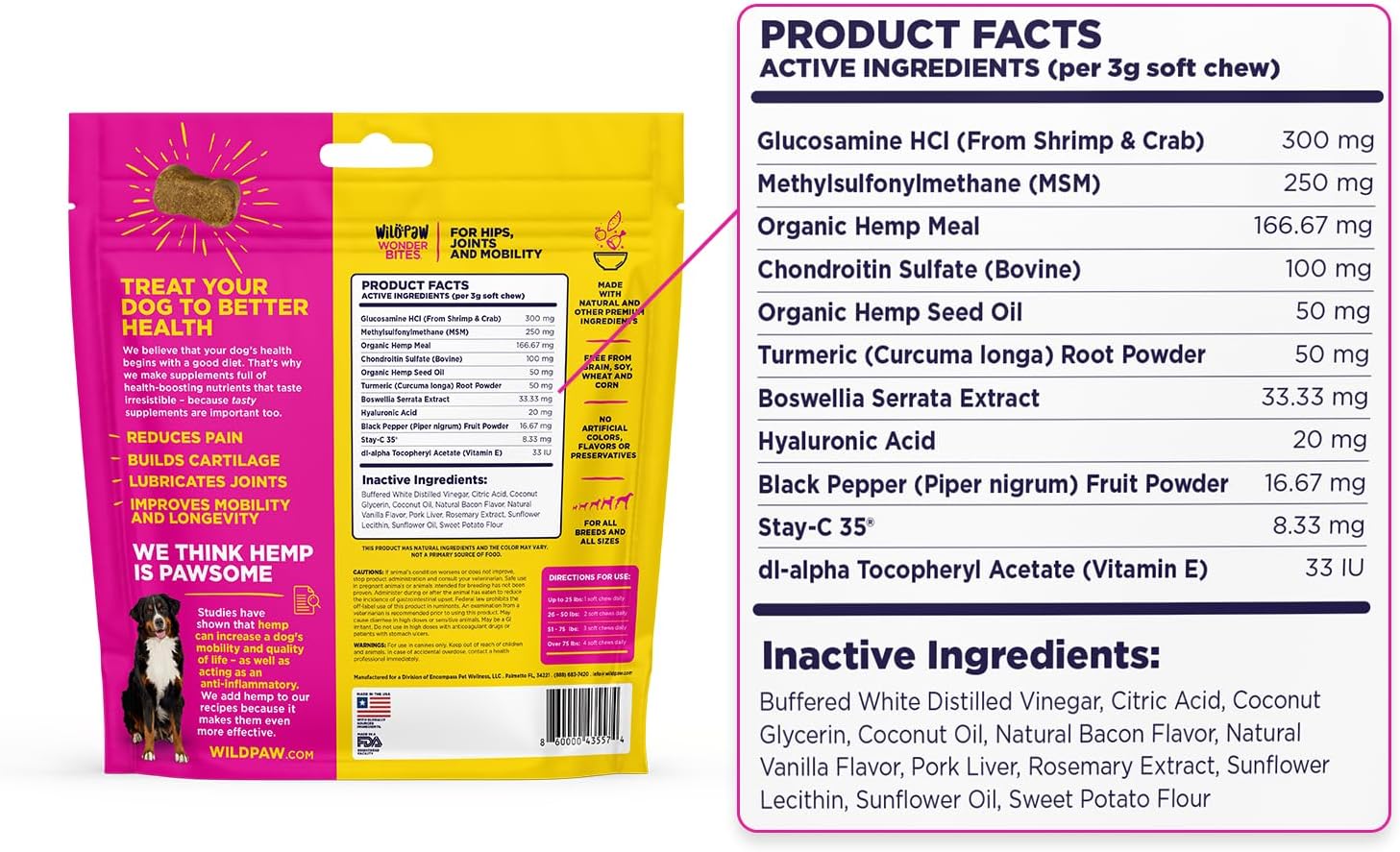 WildPaw WonderBites for HIPS, Joints, & Mobility -90 Soft Chews- Improves Mobility, Reduces Pain - Glucosamine, MSM, Hyaluronic Acid, Hemp, Turmeric, & More – Joint Supplement for Dogs : Pet Supplies