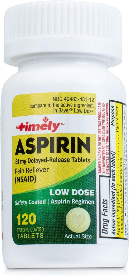 Timely - Low Dose Aspirin 81mg - 120 Tablets - Compared to the active ingredient in Bayer Low Dose - Enteric Coated Low Strength - Pain Reliever for Minor Aches and Pains, Fever Reducer - Made in USA