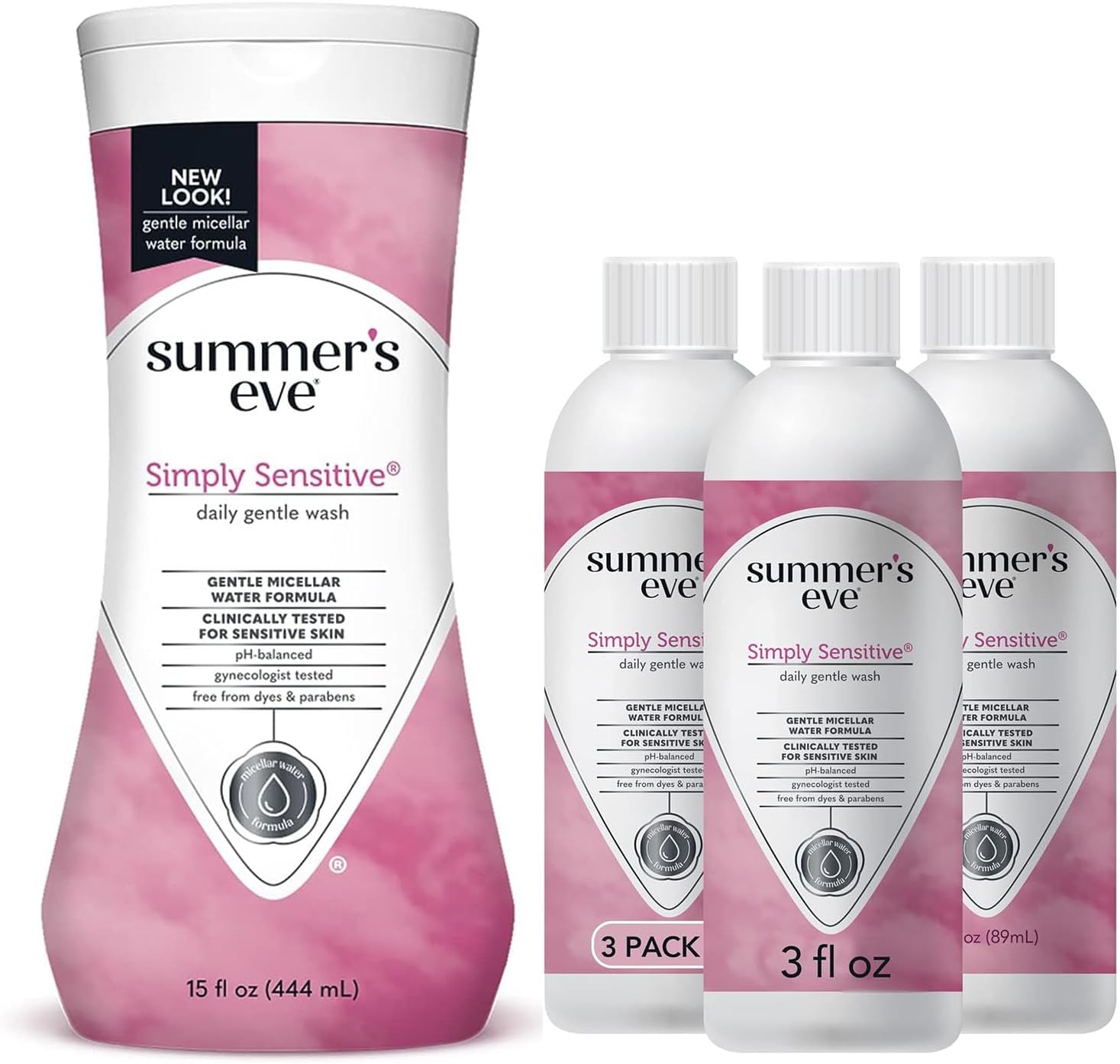 Summer'S Eve Simply Sensitive Daily Gentle All Over Feminine Body Wash, 15 Fl. Oz + Travel Size 3 Fl Oz 3 Pack