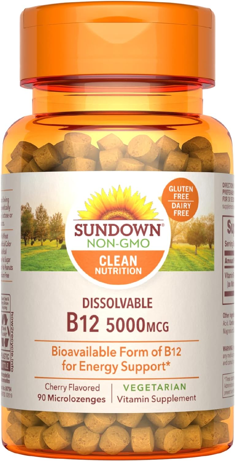 Sundown Dissolvable B12 5000mcg (as Methylcobalamin), Supports Cellular Energy, Vegetarian, Cherry Flavored, 90 Microlozenges