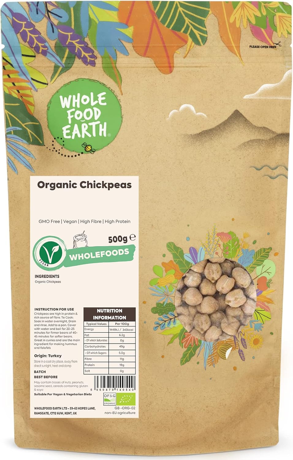 Wholefood Earth Organic Chickpeas 3Kg Gmo Free | Vegan | High Fibre | High Protein | Certified Organic