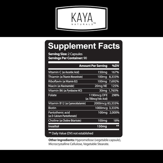 Kaya Naturals B-12 Complex | Multivitamin Supplement For Women & Men | Energy And Metabolism Booster | Vitamin Supplement With Biotin, Choline, Inositol, Folate, And Vitamin C – 180 Count