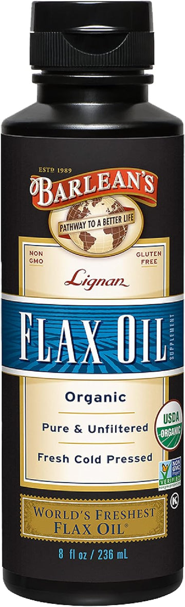 Barlean'S Organic Lignan Flaxseed Oil Liquid Supplement From Cold Pressed Flax Seeds, 7,230 Mg Ala Omega-3 Fatty Acids For Skin And Hair Care, Vegan & Gluten Free, 8 Oz
