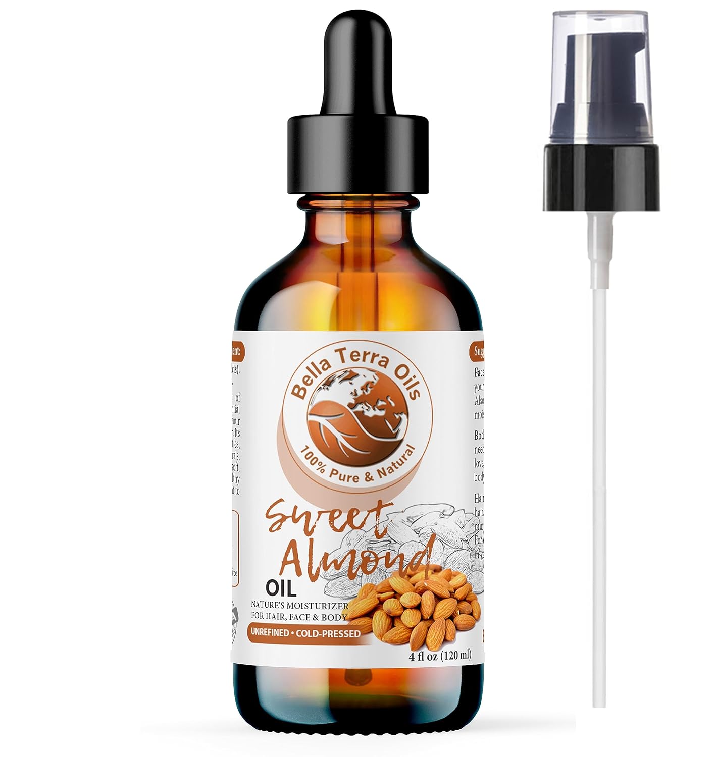 Bella Terra Oils - Organic Sweet Almond Oil 4oz - A Symphony of Vitamin E & Oleic Acid, Pure Cold-Pressed Essence, Luxe Touch for Skin