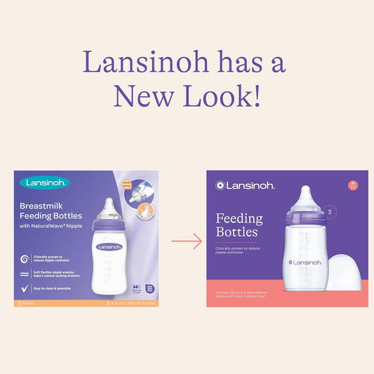 Lansinoh Anti-Colic Baby Bottles For Breastfeeding Babies, 8 Ounces, 3 Count, Includes 3 Medium Flow Nipples, Size M