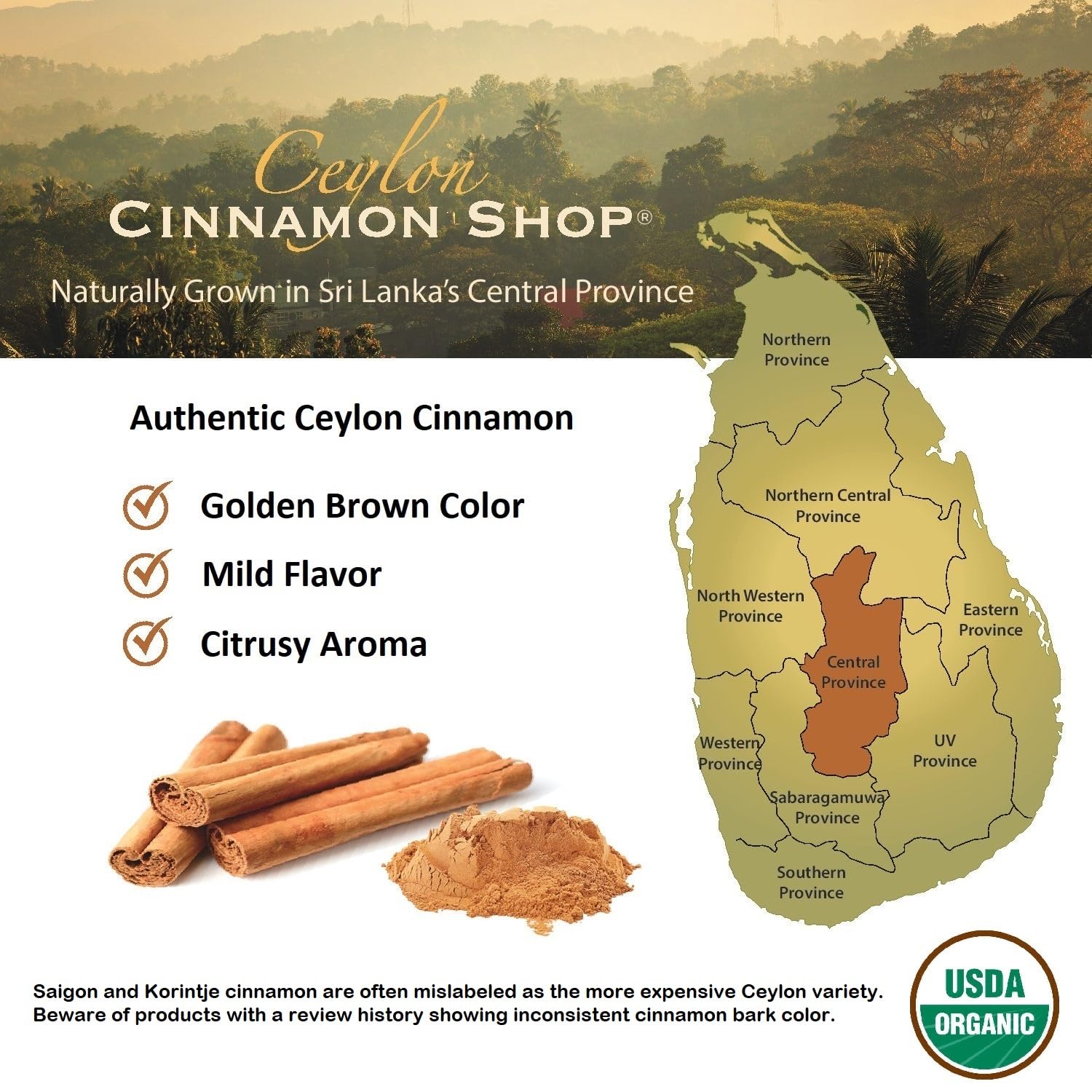 Ceylon Cinnamon Shop Organic Ceylon Cinnamon (100% Certified) Powder, 8 ounces : Grocery & Gourmet Food