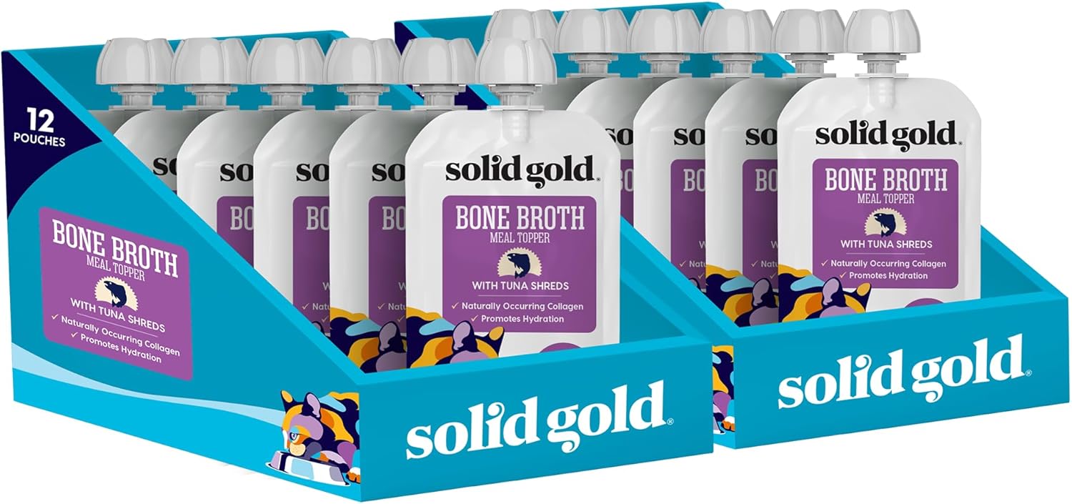 Solid Gold Bone Broth Cat Food Topper - Lickable Wet Cat Food With Protein Shreds For Hydration - Easy To Serve Wet Cat Food Gravy Bone Broth For Cats - Healthy Cat Snacks Treats - Tuna - 12 Pack