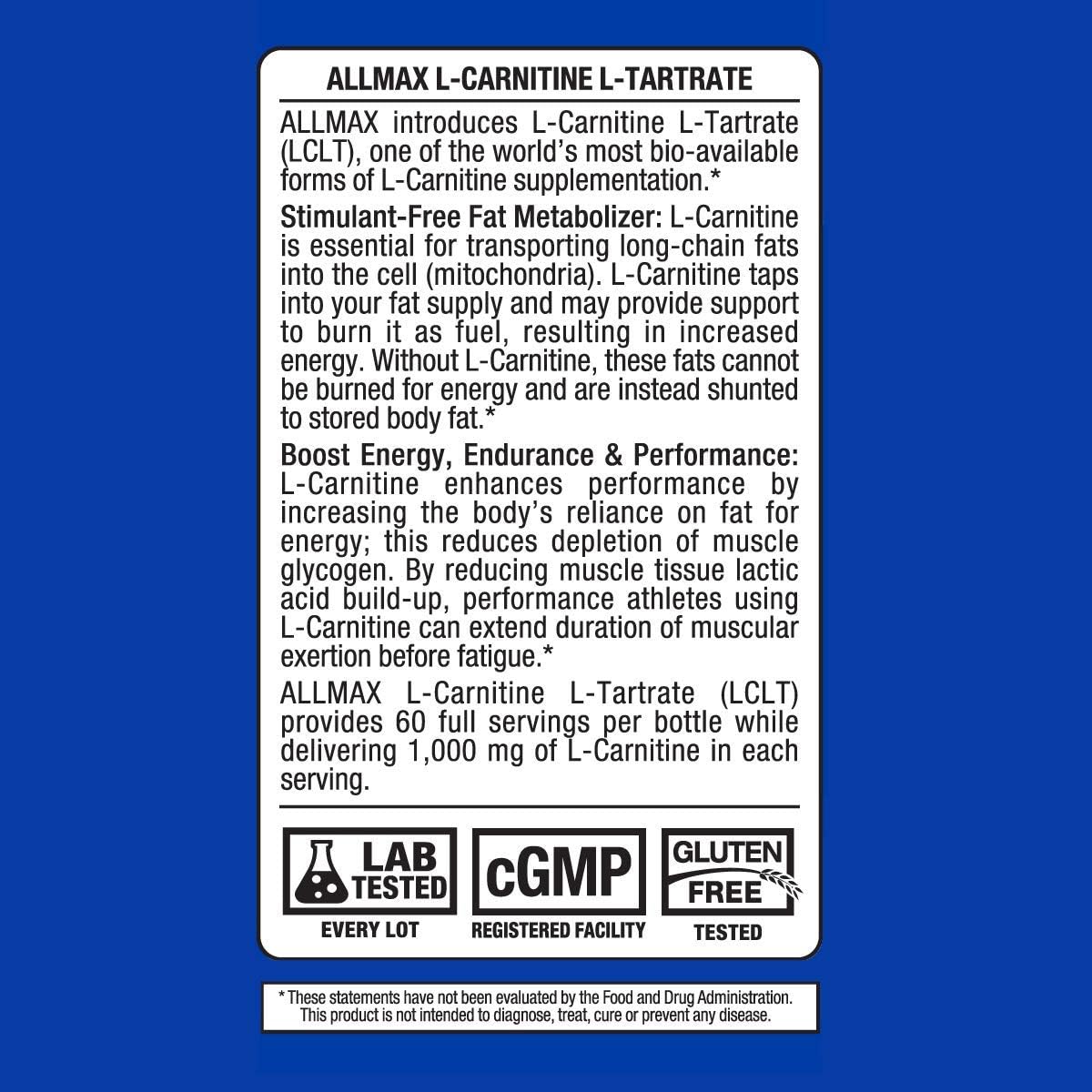ALLMAX Essentials L-CARNITINE TARTRATE - 120 Capsules - Stimulant-Free