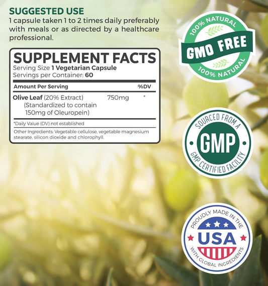 Olive Leaf Extract (Non-GMO) Super Strength: 20% Oleuropein - 750mg - Vegetarian - Immune Support Supplement, Skin Health, and Powerful Antioxidants Supplement - No Oil or Liquid - 60 Capsules