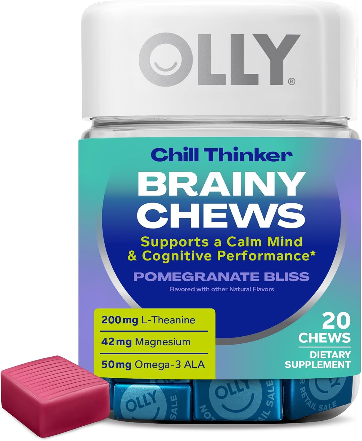 Olly Chill Thinker Brainy Chews, Plus L-Theanine, Magnesium & Omega-3 For A Relaxed State Of Mind, Pomegranate Blueberry Flavor, 20 Count