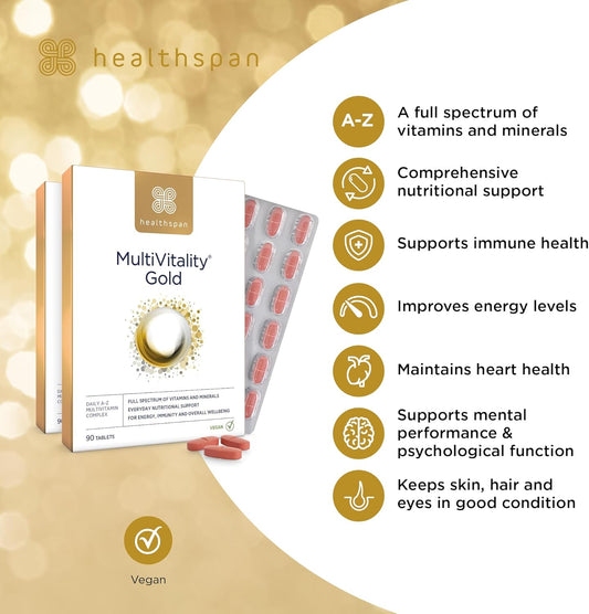 Healthspan Multivitamin Gold | A-Z Formulation | Wellbeing & Immune Support | Algal Source Vitamin D3 | Vitamins A, B, C, D, E & K | Calcium, Iron, Magnesium, Selenium & Zinc | Vegan (90 Tablets)