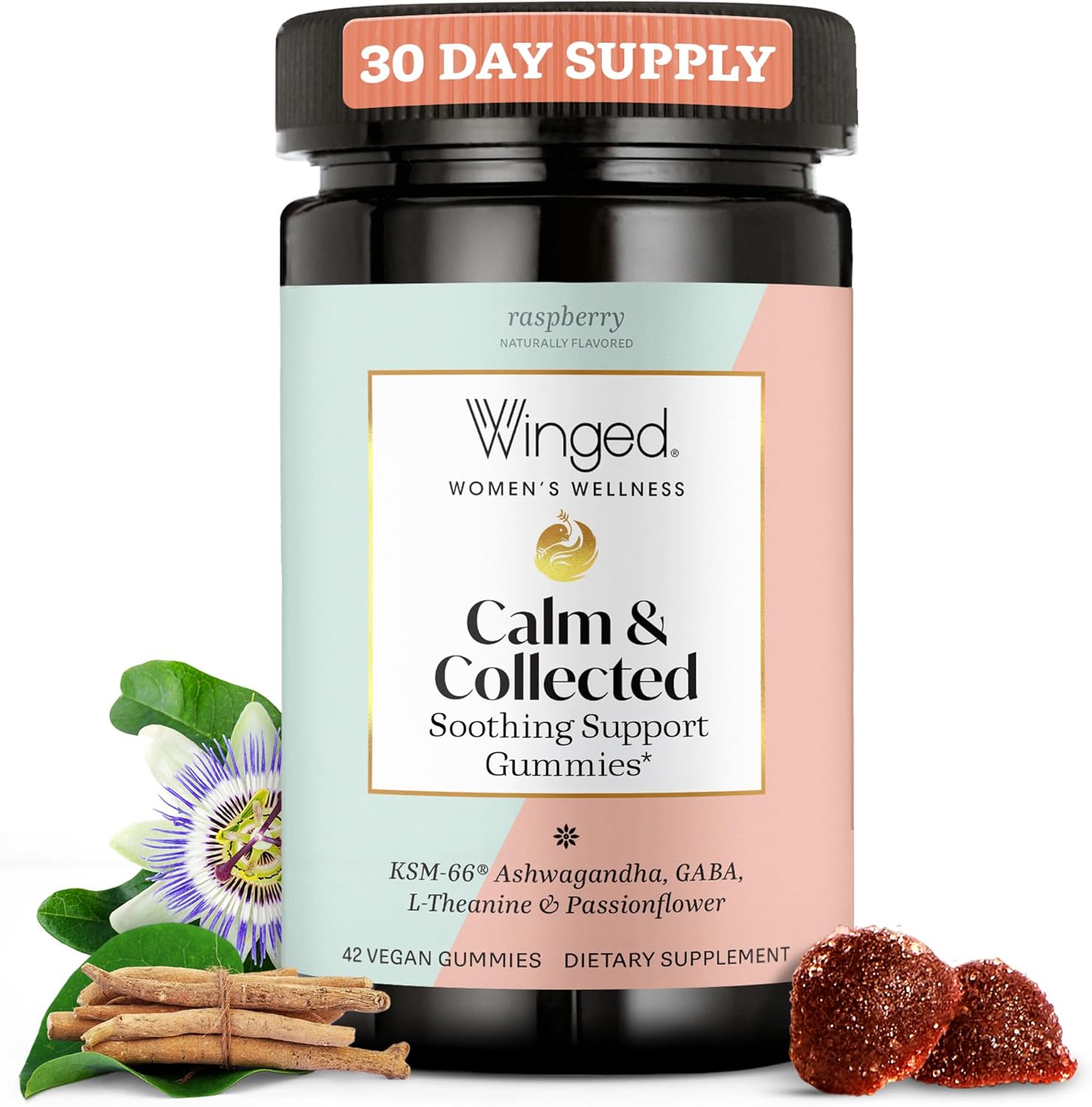 Winged Wellness Calm & Collected, Stress Relief Gummies - Stress Support Supplement With Ksm-66 Ashwagandha, L-Theanine, Gaba & Passionflower - Vegan & Gluten-Free Gummy - Raspberry, 42 Count