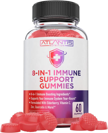 8-In-1 Immune Support Gummies W/Elderberry - Immune Support Supplement W/Elderberry, Quercetin, Zinc & Vitamin C Gummies - Immunity Boosters For Adults & Kids - Delicious Elderberry Flavor - 60 Count