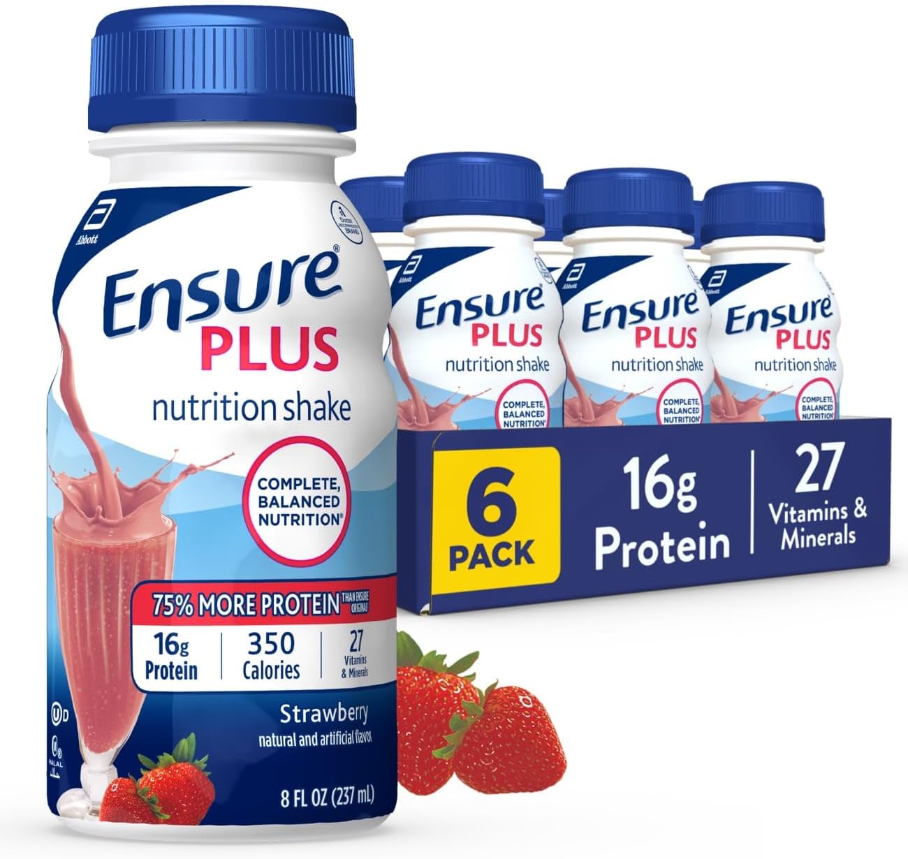 Ensure Plus Strawberry Nutrition Shake, Meal Replacement Shake, 6 Pack