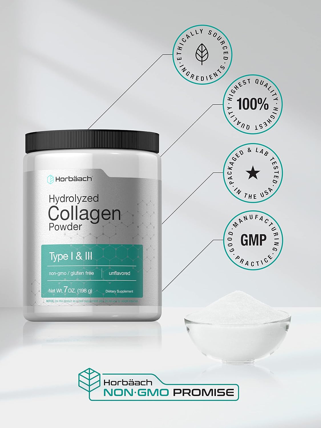 Horbäach Hydrolyzed Collagen Peptides 7oz | Type I and III | Multi Collagen Powder | Keto & Paleo Friendly | Unflavored & Gluten Free : Health & Household