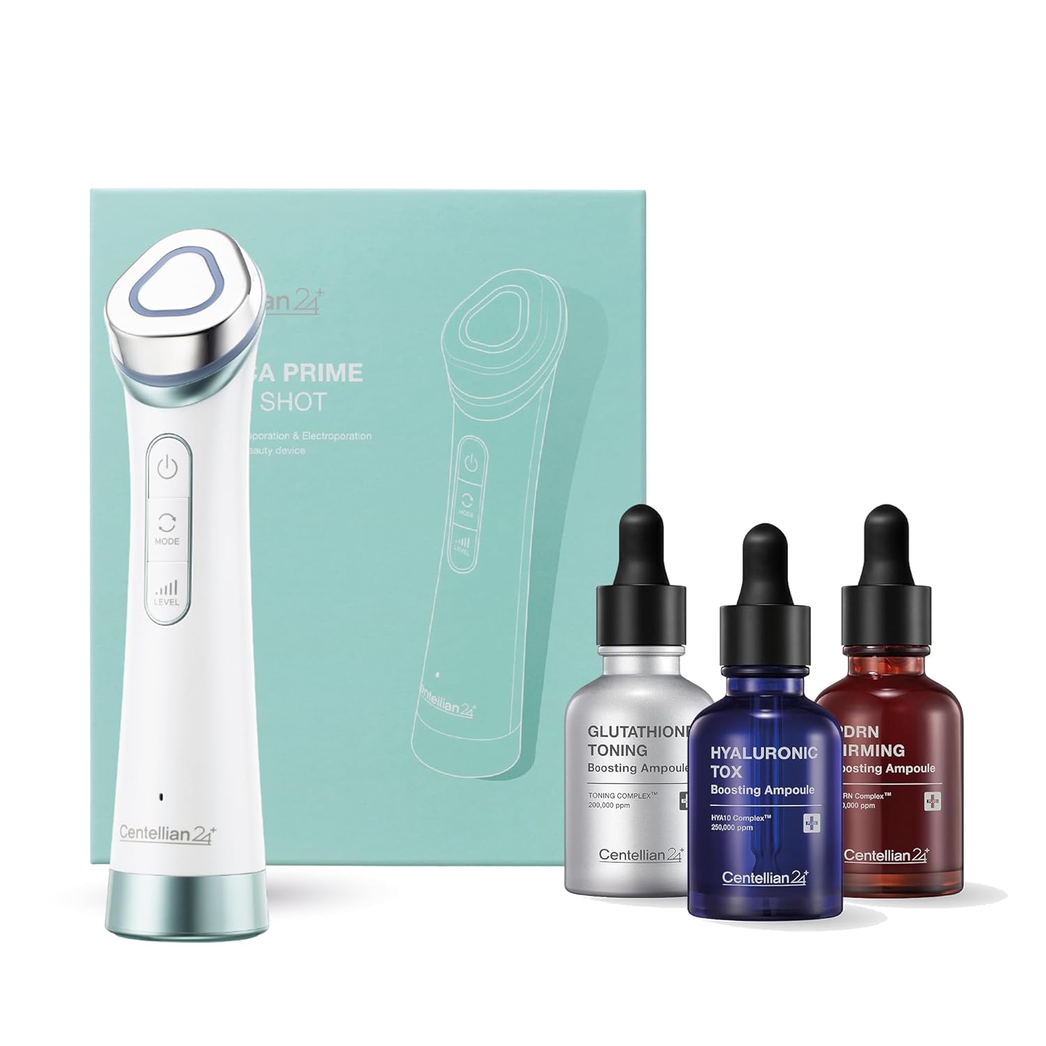 Centellian 24 Prime Facial Toning Device - 2-In-1 (Tingle Shot) + 3 Boosting Ampoules Set (3 X 1.01Fl Oz) - Hydration, Firming, Even Skin Tone With Hyaluronic Acid, Pdrn, Glutathione, Korean Skin Care