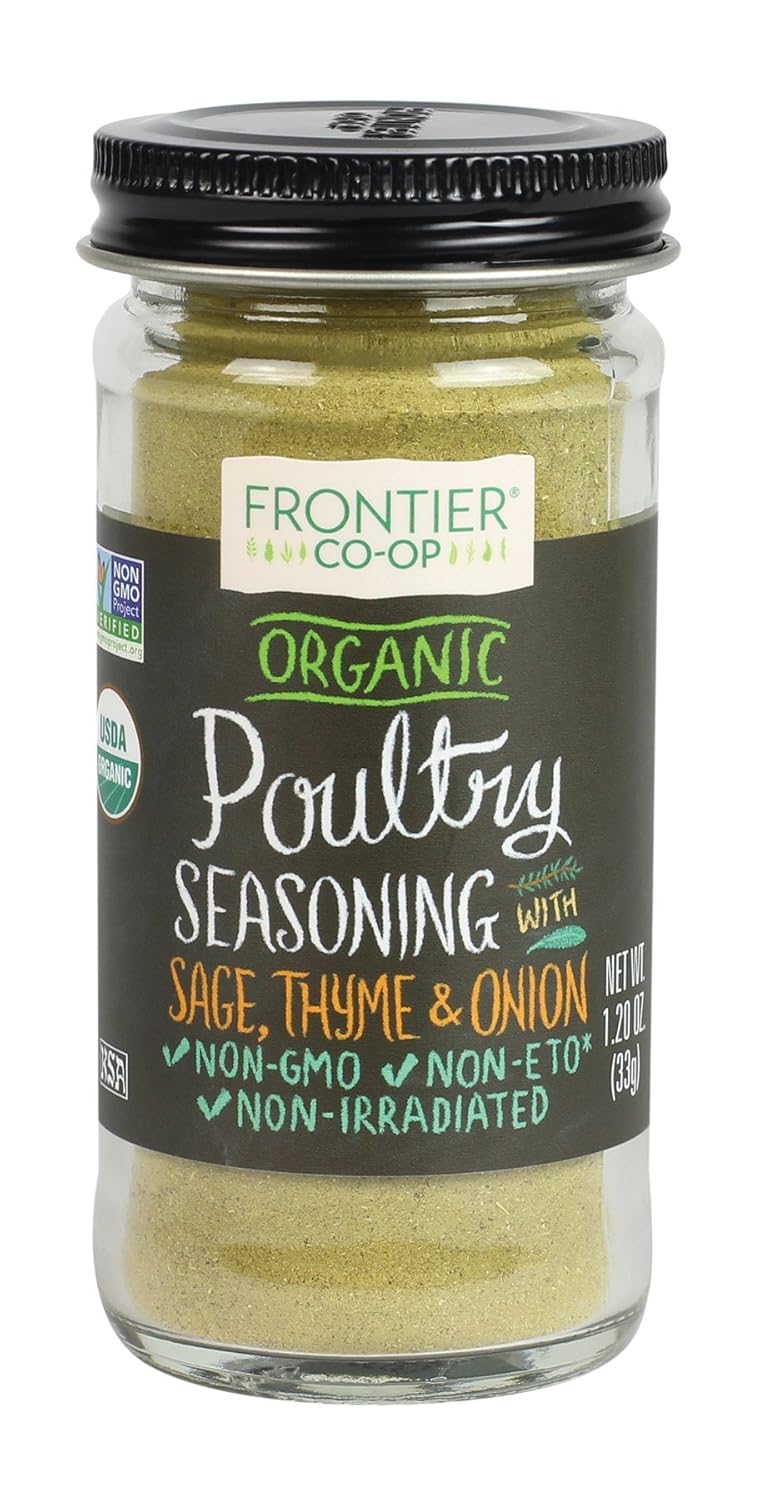 Frontier Co-Op Organic Poultry Seasoning, 1.2-Ounce Jar, Sage, Thyme & Onion For Chicken, Sausage, Gravy & Stuffing, Kosher