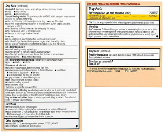 Rite Aid Low Dose 81 Mg Aspirin, Chewable Tablets, Orange Flavor, 3 Bottles, 36 Count Each (108 Count Total) Pain Reliever | Chewable Aspirin Regimen | Headache Relief Pills | Aspirin 81Mg For Adults