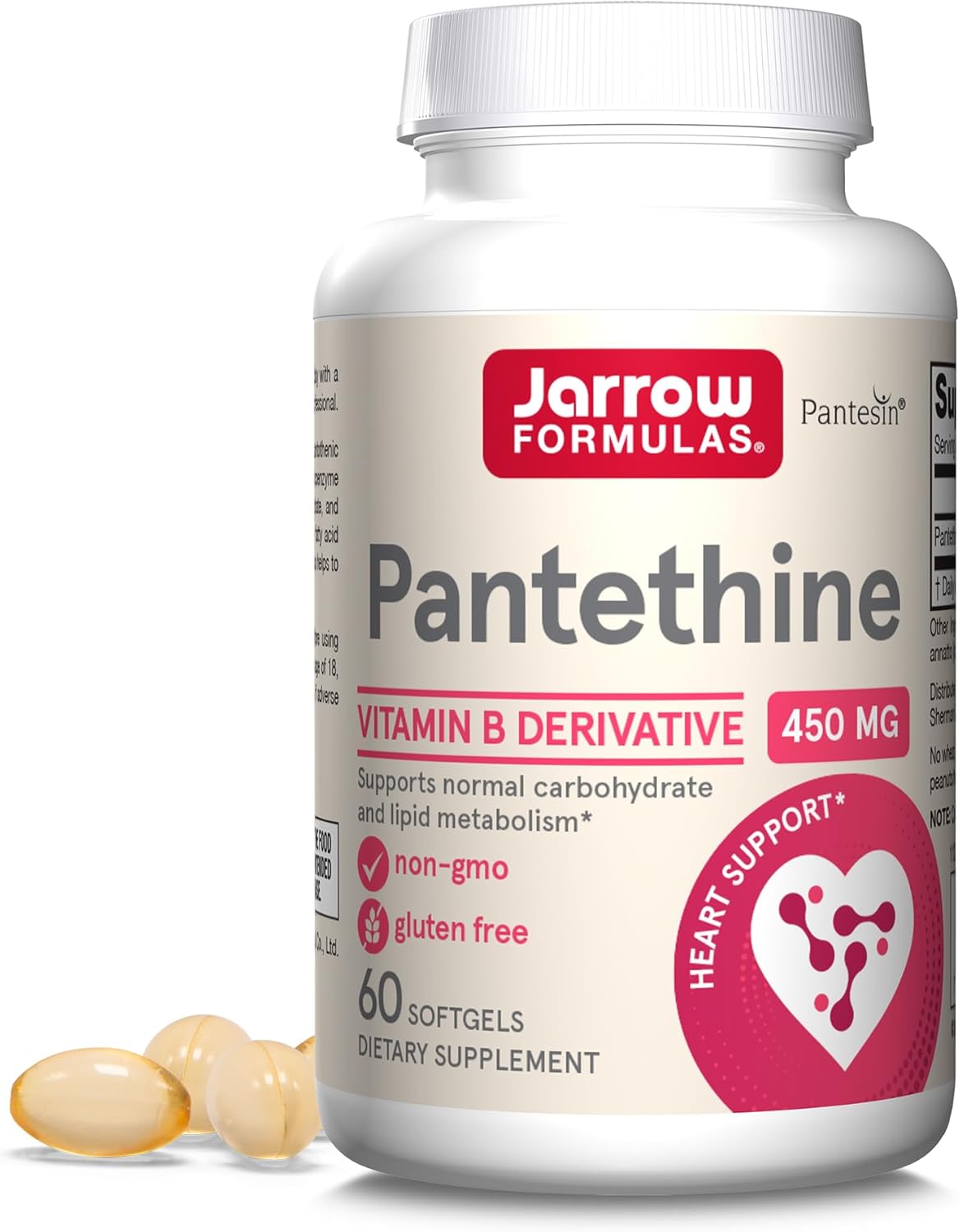 Jarrow Formulas Pantethine 450 Mg - Derivative Of Vitamin B5 - 60 Servings (Softgels) - Support Heart Health, Carbohydrate & Lipid Metabolism - Coenzyme A (Coa) Precursor - Pantothenic Acid Supplement
